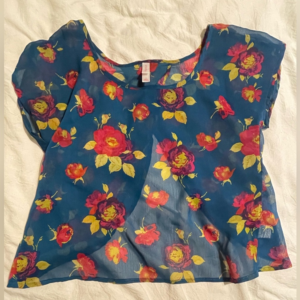 Blue, sheer shirt with roses
